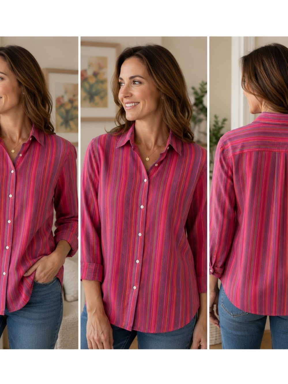Chaps Fuchsia Pink Multi-Stripe Button Down Shirt